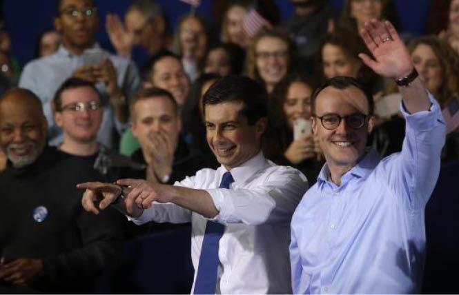 Democratic presidential candidate Pete Buttigieg, left, was joined by his husband, Chasten, after giving his announcement speech Sunday in South Bend, Indiana. Photo: Courtesy Agence France Presse