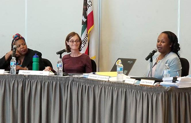 School board President Barbara Inch, center, resigned Friday. She was joined at Wednesday's meeting by School board Vice President Brynnda Collins, left, and Superintendent Quiauna Scott. Photo: Meg Eilson