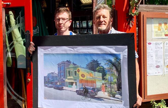 Business partners Luke Bruner, left, and Terrance Alan hold a drawing of their proposed dispensary. Photo: Sari Staver