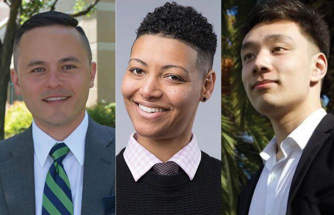 LGBTQ Assembly candidates Shawn Kumagai, left, Jennifer Esteen, who are running in the 20th District race, and James Coleman, running for the 21st District seat, weigh in on single-payer health care. Photos: Kumagai and Esteen, courtesy the campaigns; Coleman, Morgan McCarthy