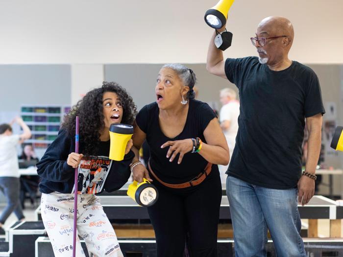Chanel Tilghman (Dorothy Gale), Cathleen Riddley (Lion/Zeke), Darryl V. Jones (Tinman/Hickory) in rehearsal for 'The Wizard of Oz' at American Conservatory Theater. (photo: Bekah Lynn Photography)