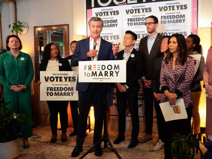 California Governor Gavin Newsom spoke at Manny's in San Francisco Friday, June 7, to help kick off the campaign to repeal Proposition 8's homophobic language from the state constitution. Photo: Rick Gerharter