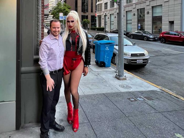 Robbie Silver, left, executive director of the Downtown SF Partnership, joined drag performer Bobby Friday at last year's Drag Me Downtown. Photo: Matthew S. Bajko