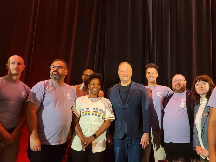 Second gentleman Doug Emhoff, center, posed for a photo with board members of the Alice B. Toklas LGBTQ Democratic Club after addressing the group's annual pride breakfast June 30. Photo: Cynthia Laird